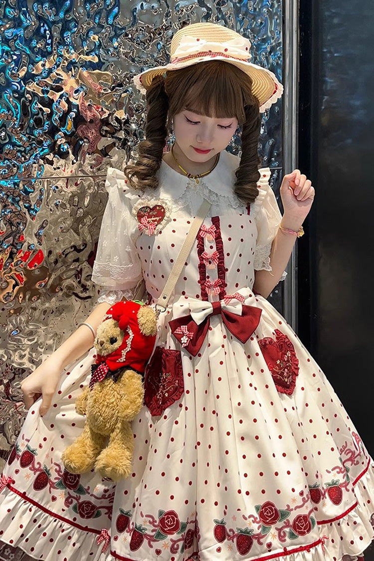 White Strawberry Diary Print Ruffle Bowknot Sweet Lolita Jsk Dress