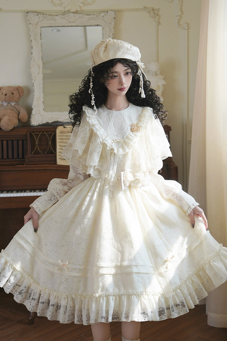 Ivory Flower Sound Long Sleeves Ruffle Cardigan Bowknot Lace Sweet Lolita Dress