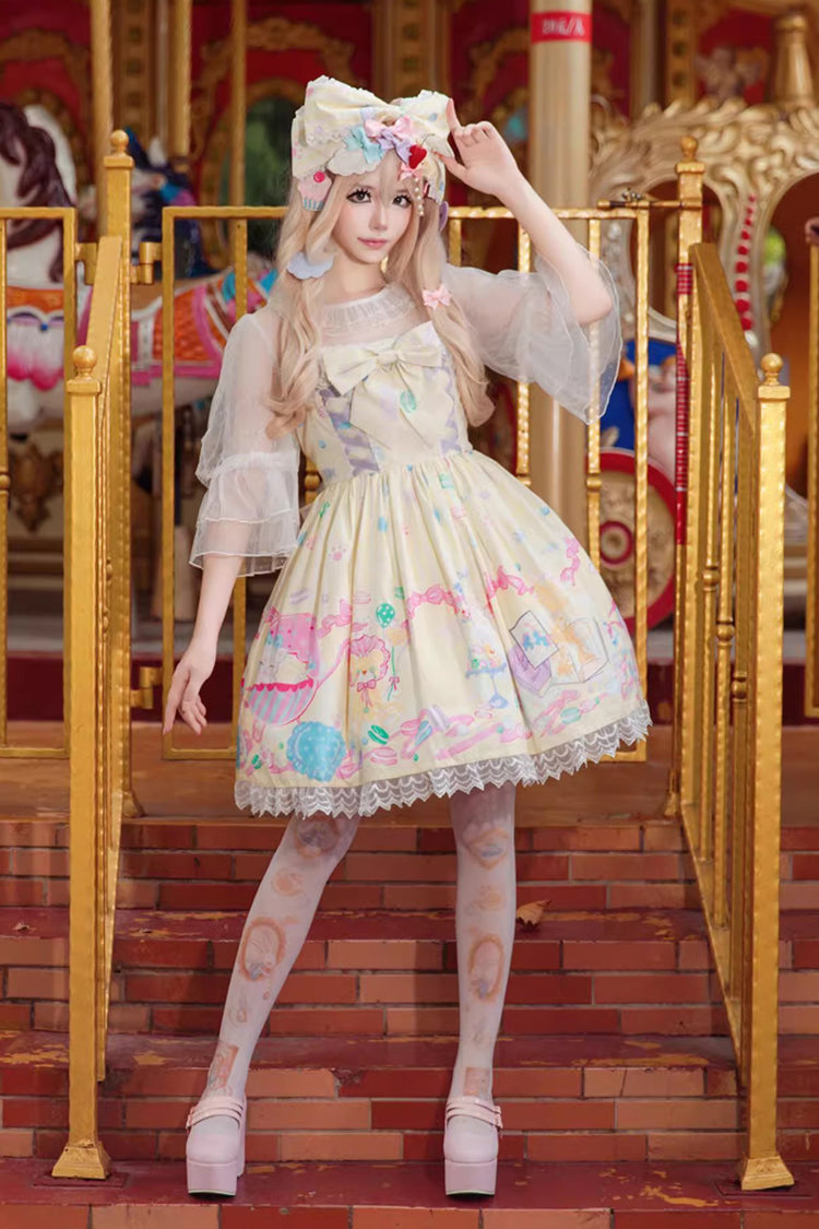 Macaron Dolly House Sleeveless Print Bowknot Lace-Up Sweet Lolita Jsk Dress 3 Colors