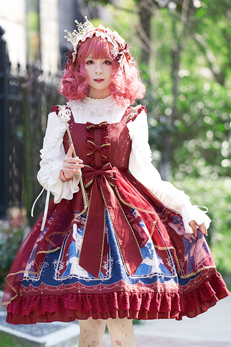 Royal Court Lace Chiffon Waist Bow Cat Printed Sweet Lolita Jsk Dress