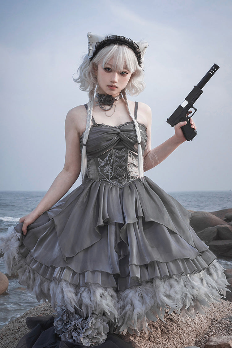 Silver Gray Ruffle Bowknot Peninsula Iron Box Ballet Sweet Elegant Princess Lolita Jsk Dress