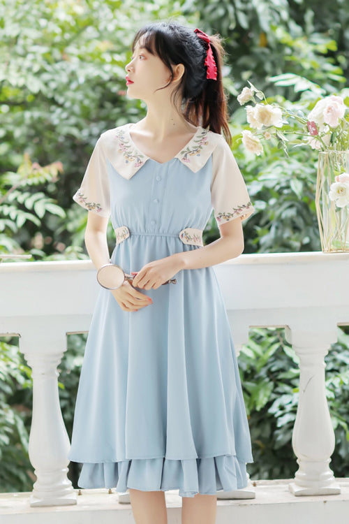 French Style Doll Collar Flower Print Short Sleeve High Waisted Sweet Lolita Dress