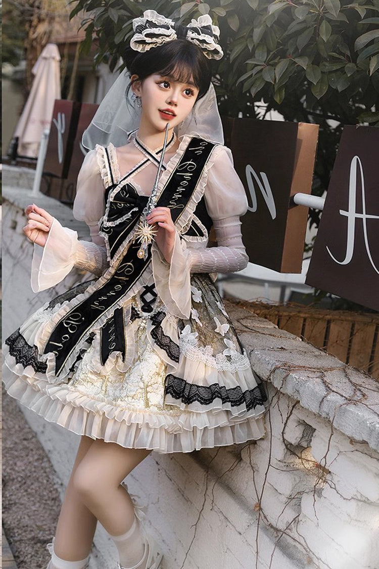 Black/Gold Lilibet Print Ruffle Cardigan Bowknot Lace Fishbone Sweet Lolita Dress