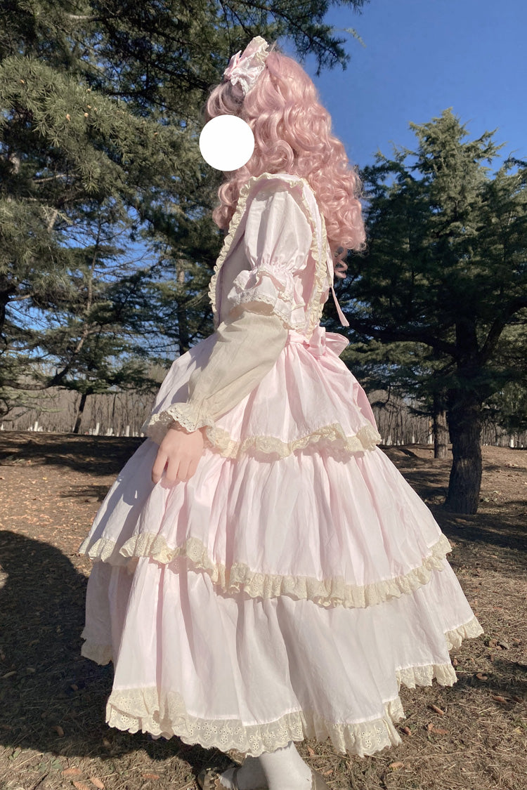 Pink Lapel Collar Long Sleeves High Waisted Multi-layer Bowknot Sweet Lolita Dress