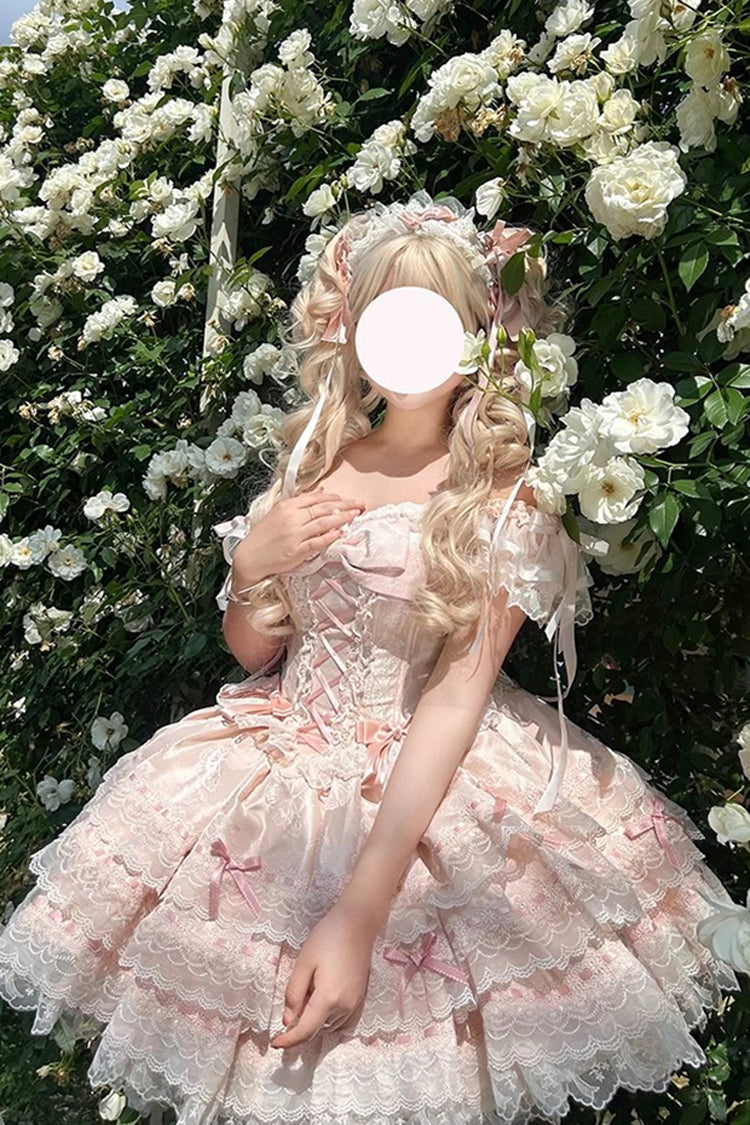 Pink Flora Isle Butterfly Sleeveless Ruffle Bowknot Lace Lace-Up Sweet Elegant Lolita Jsk Dress