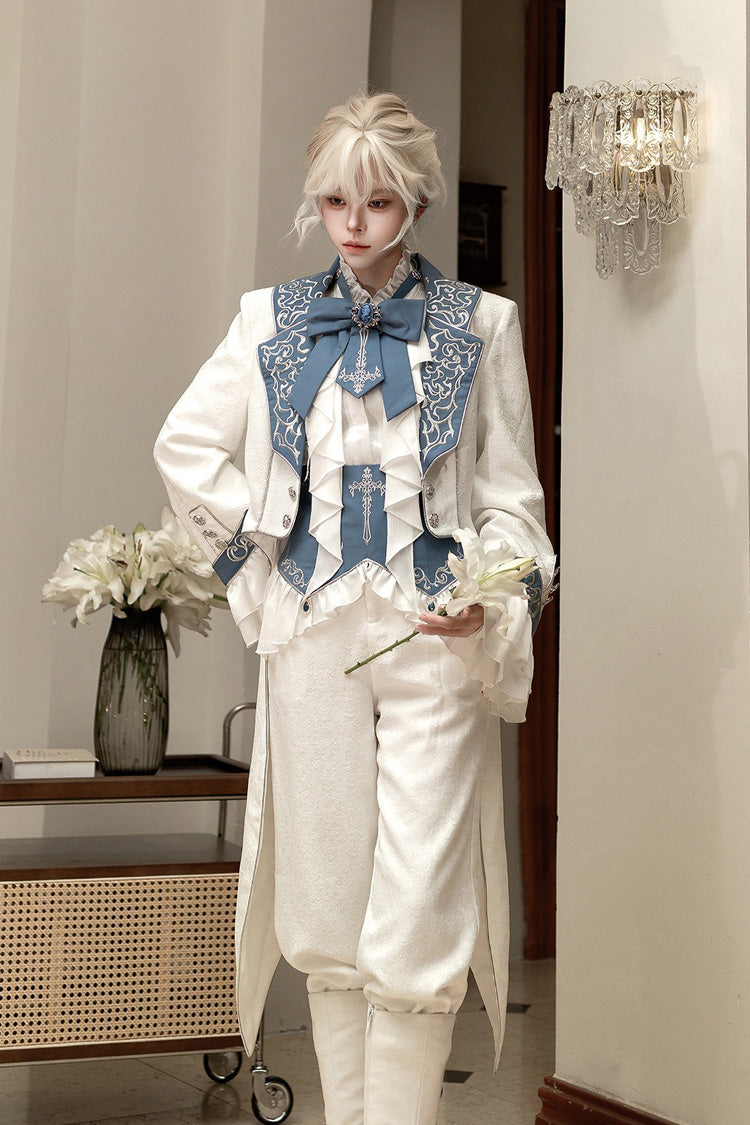 White Moonlit Paladin Prince Ruffle Embroidery Bowknot Classic Prince Handsome Ouji Lolita Set