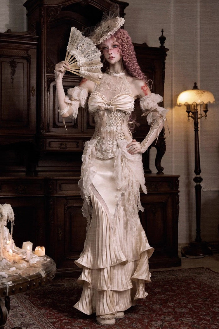 Golden Cupid's Poetry Box Halterneck Ruffled Embroidered Bow Lace Slim Fishbone Gothic Lolita Top and Skirt Dress Set