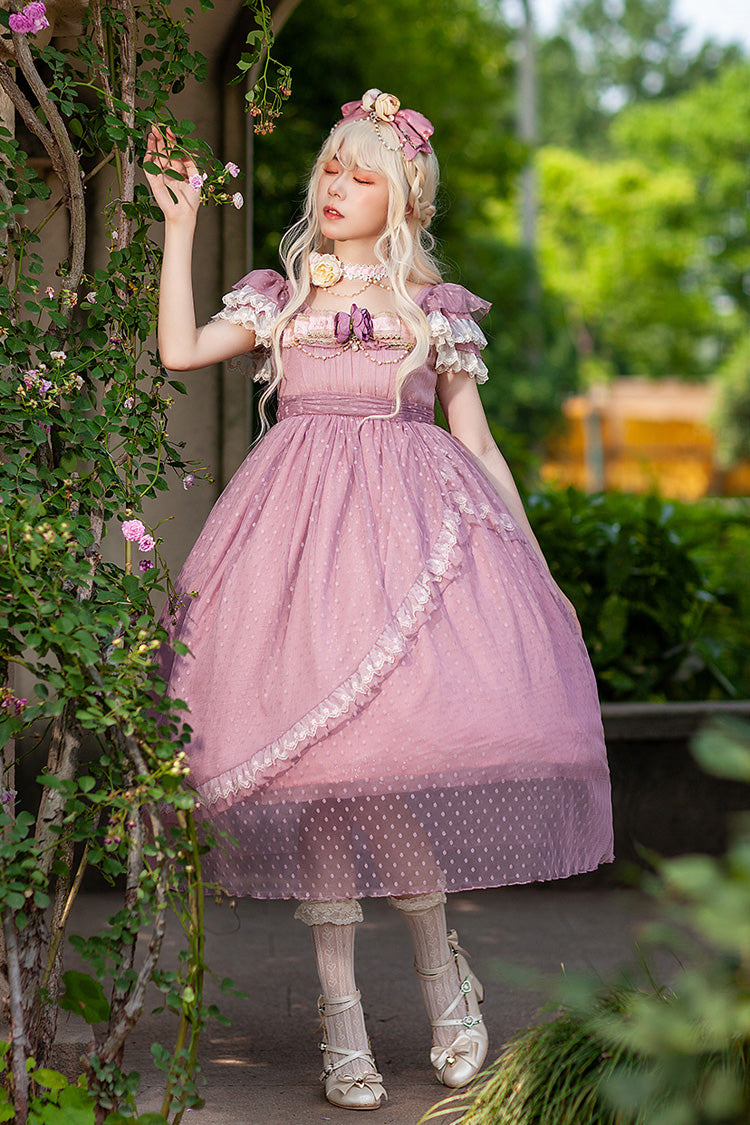 Pink Moon goddess *Mediana* Polka Dot Print Ruffle Bowknot Asymmetric Sweet Elegant Lolita Dress