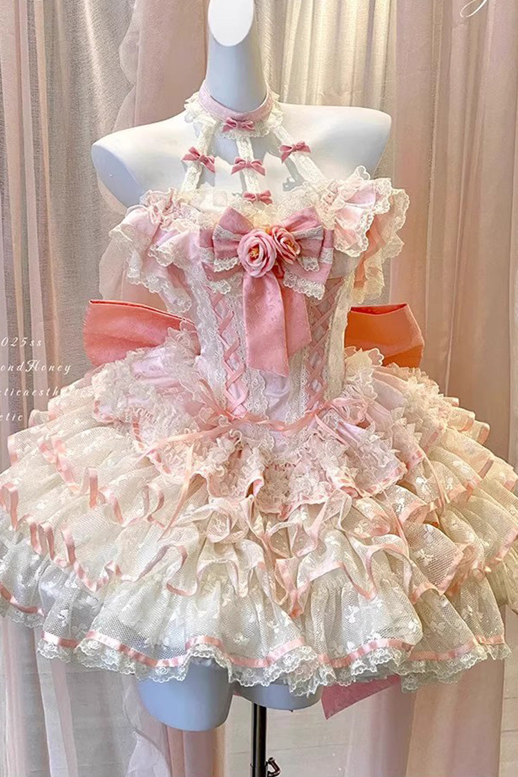 Pink Flower Language of Eros Halterneck Multi-Layered Ruffle Bowknot Rose Lace Lace-Up Sweet Ballet Lolita Jsk Dress