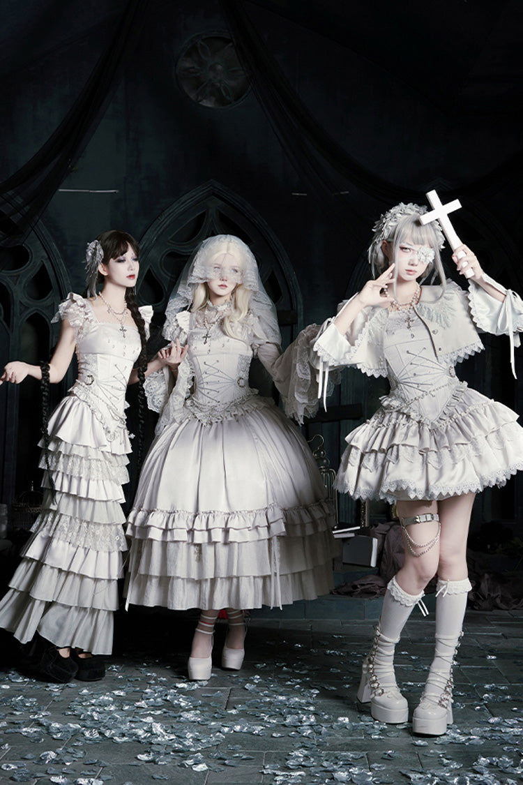 Solid Color Bionic Doll Square Collar Multi-Layered Ruffle Bowknot Lace-Up Gothic Lolita Fishtail Skirt Corset Set