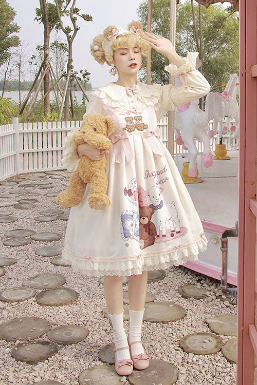 Ivory Sheep & Bear Print Alice Girl Bowknot Ruffled Sweet Lolita JSK Dress