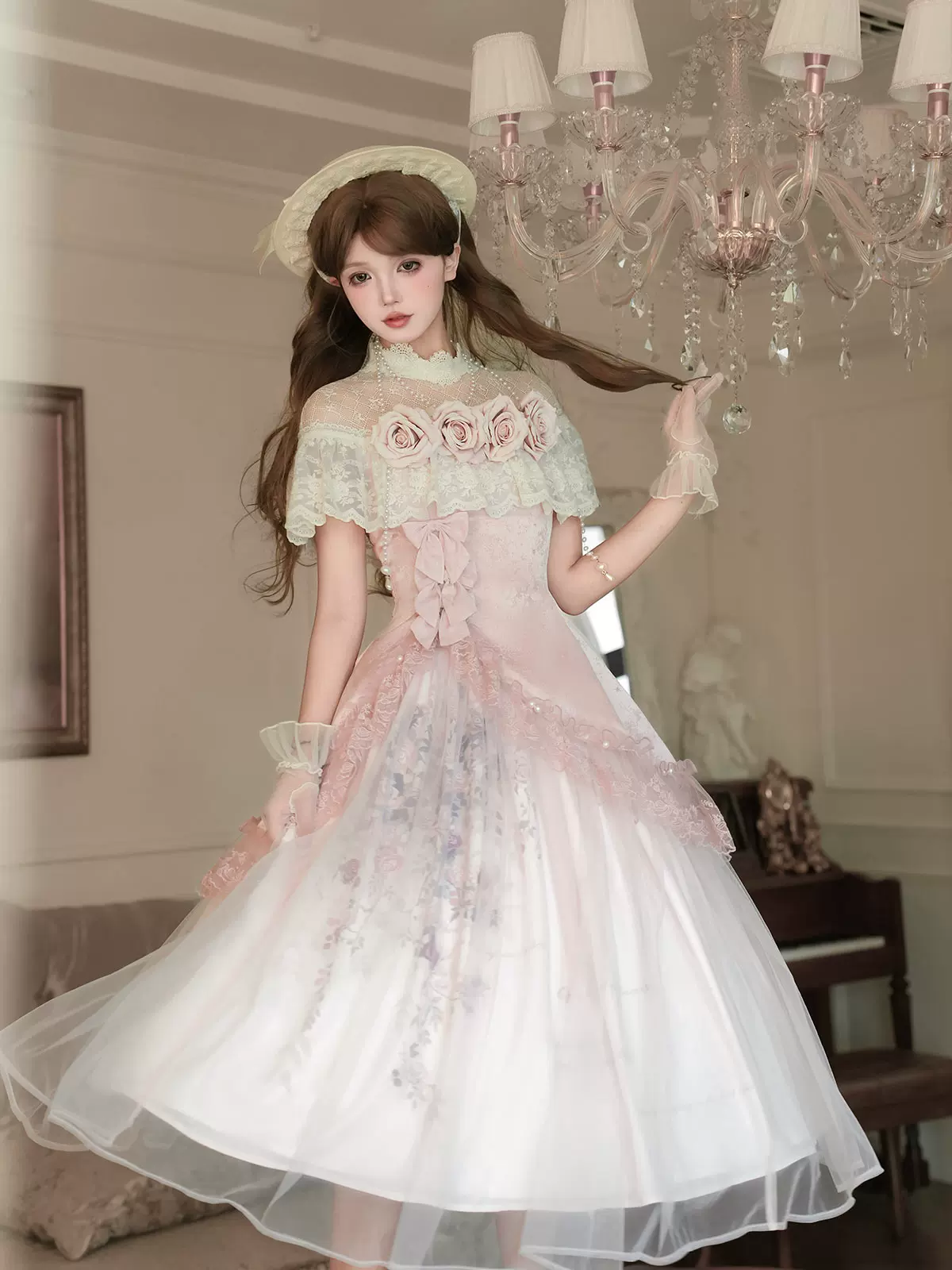 Pink Floral Mesh Lace Ruffled Rose Sweet Princess Vintage Lolita Dress