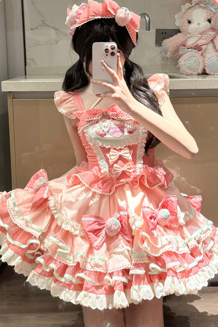 Pink Multi-Layered Cream Strawberries Print Ruffle Bowknot Sweet Lolita Tiered Dress