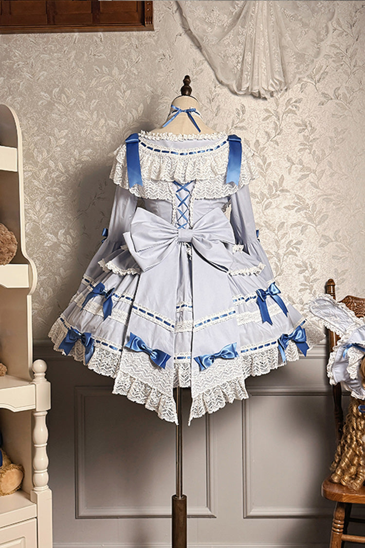 Blue/White Rabbit Sleeping Doll Long Trumpet Sleeves Ruffle Bowknot Lace Sweet Lolita Dress