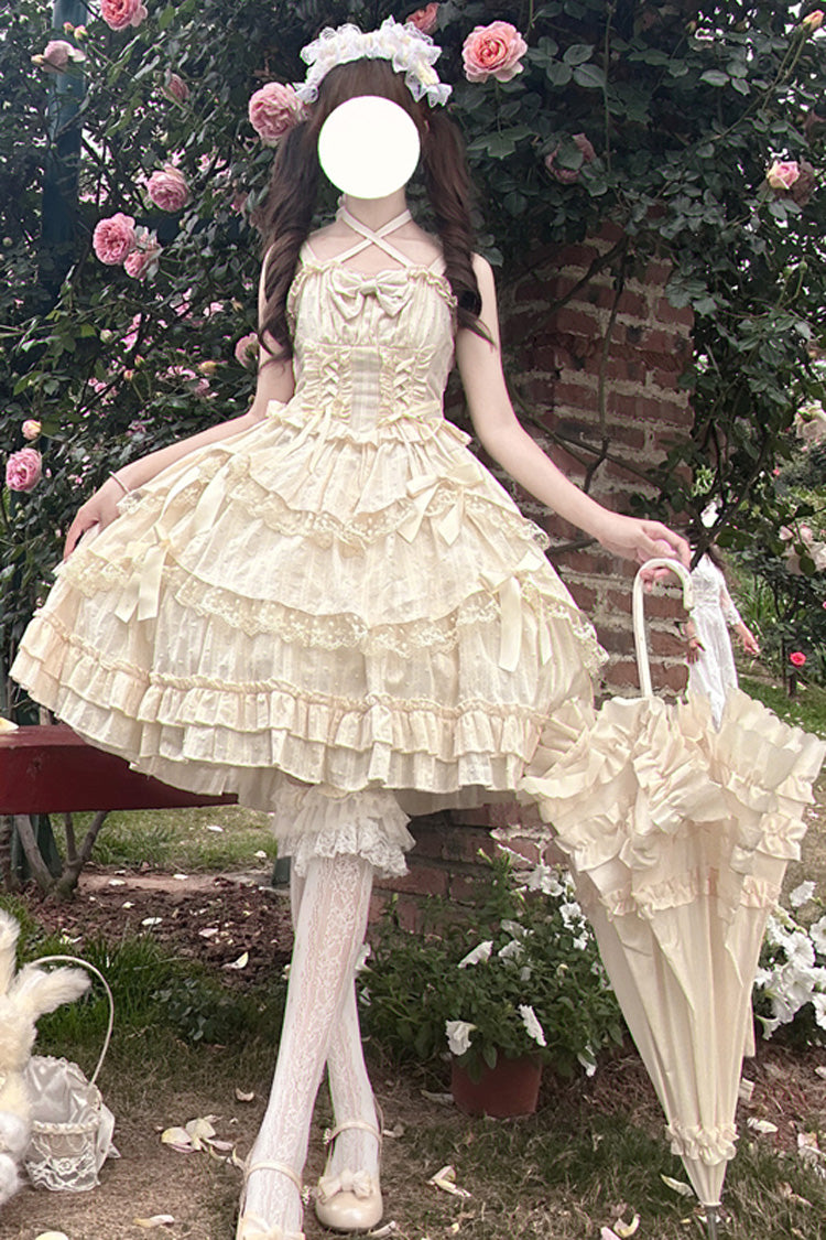 Apricot Miss Pearl Sleeveless Double-Layered Bowknot Lace Lace-Up Sweet Lolita Jsk Dress