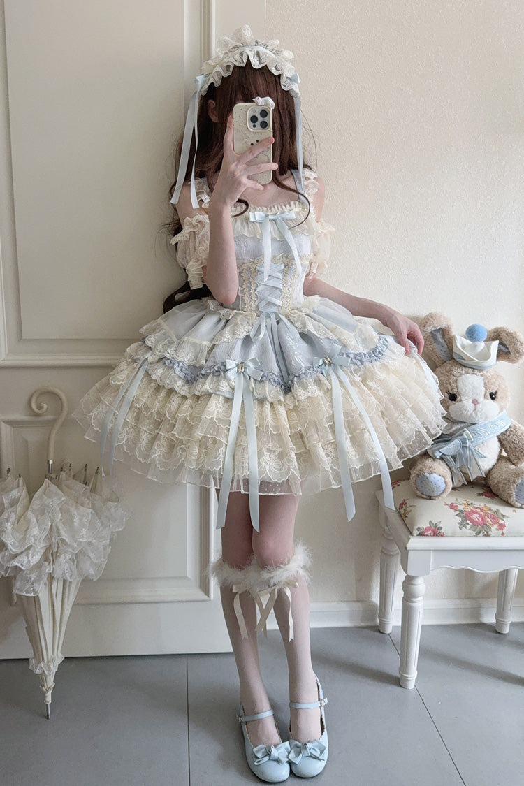 Blue Ribbon Heart Love Sleeveless Multi-Layered Ruffle Bowknot Lace Lace-Up Sweet Princess Ballet Lolita Jsk Dress
