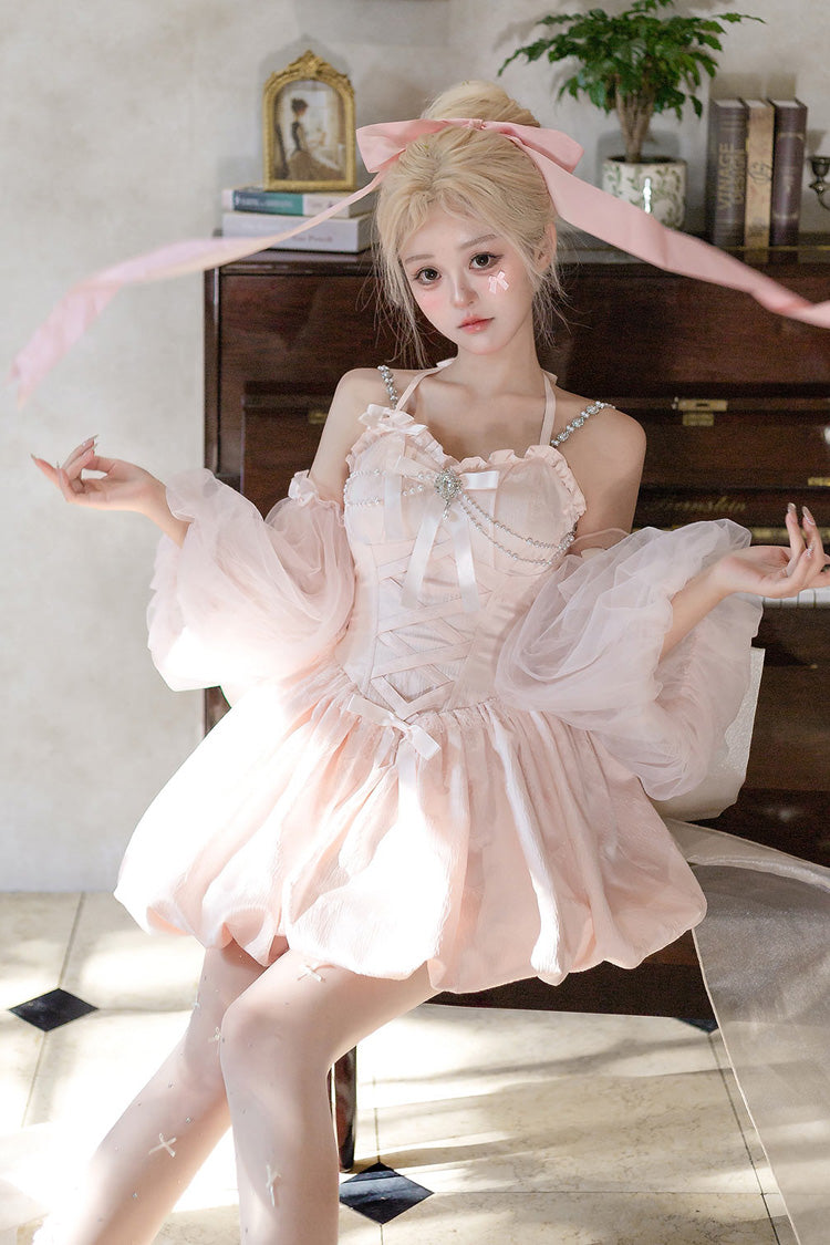 Pink The Runaway Princess Sleeveless Ruffle Bowknot Lace-Up Sweet Lolita Jsk Tulip Dress Set