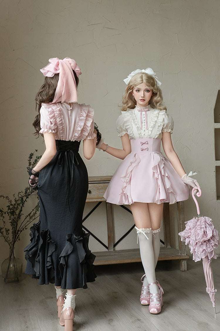 Pink/Black Miss Lola Stand Collar Short Sleeves Multi-Layered Ruffle Bowknot Sweet Lolita Mermaid Dress