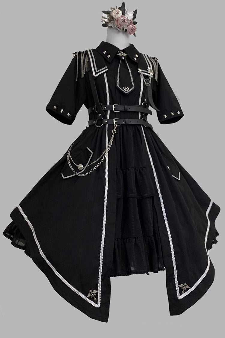 Black Sunset Universe Short Sleeves Cardigan Lace Gothic Military Handsome Lolita Dress Full Set