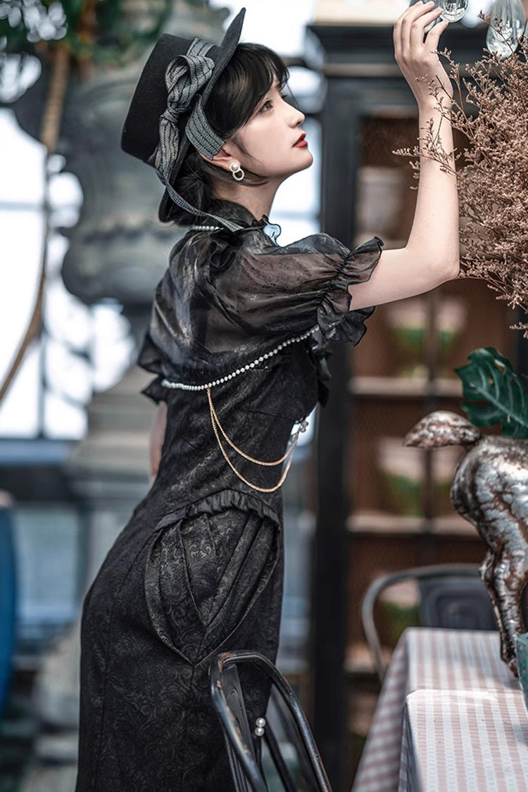 Black Camellia 1.0 Sleeveless Jacquard Ruffle Lace Gothic Chinese Style Lolita Jsk Fishtail Dress