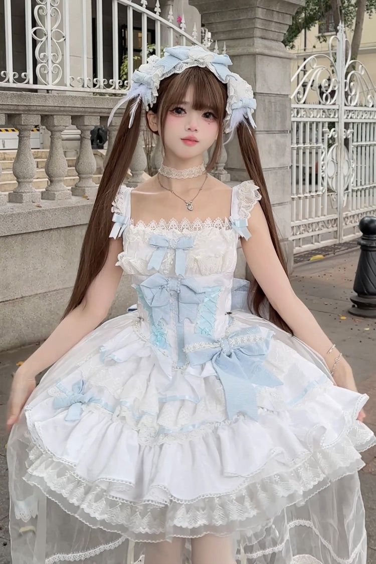 Blue/White Clouds and Mist Multi-Layered Ruffle Bowknot Lace Sweet Princess Lolita Jsk Dress