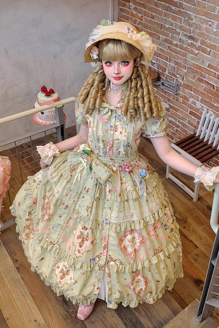 Green Cat Rose Tea Short Sleeves Print Ruffle Cardigan Bowknot Daily Sweet Lolita Dress