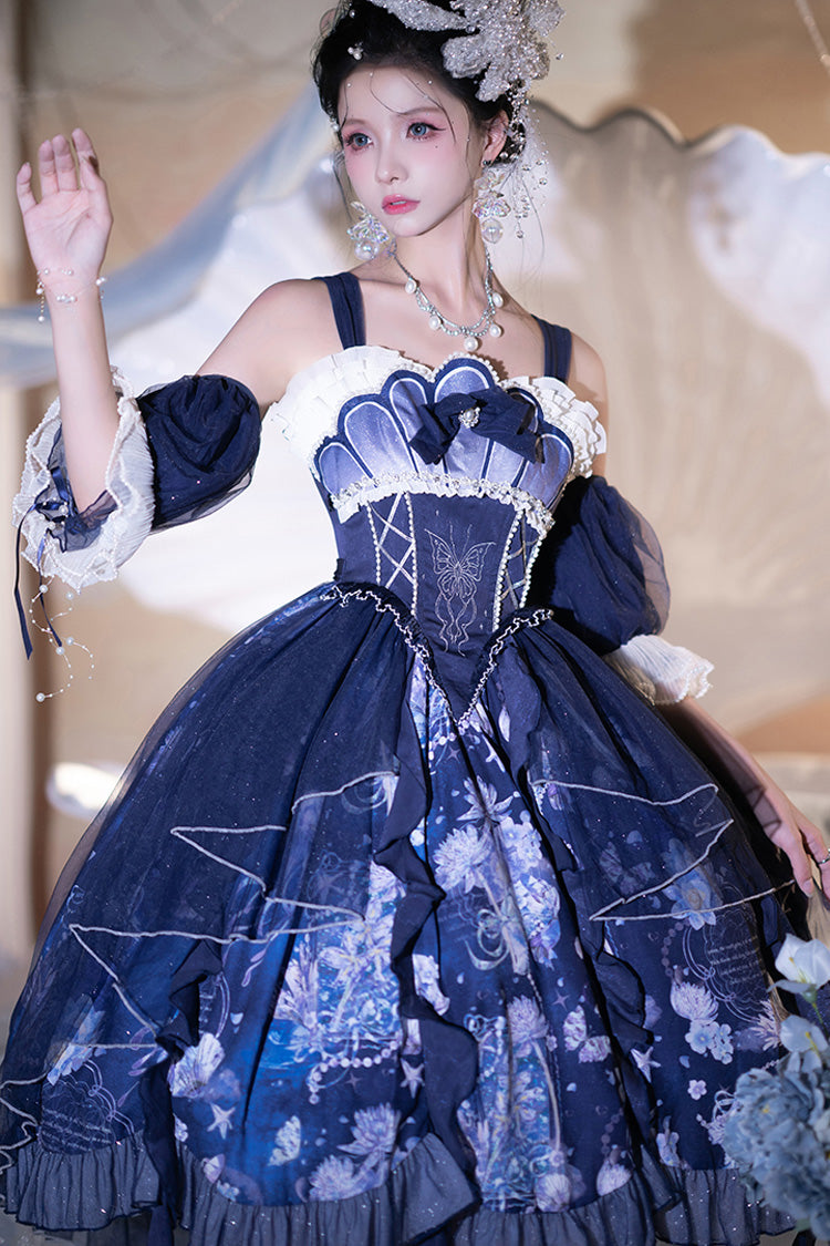 Blue Deep Sea Jellyfish Print Ruffle Lace Sweet Elegant Lolita Jsk Dress