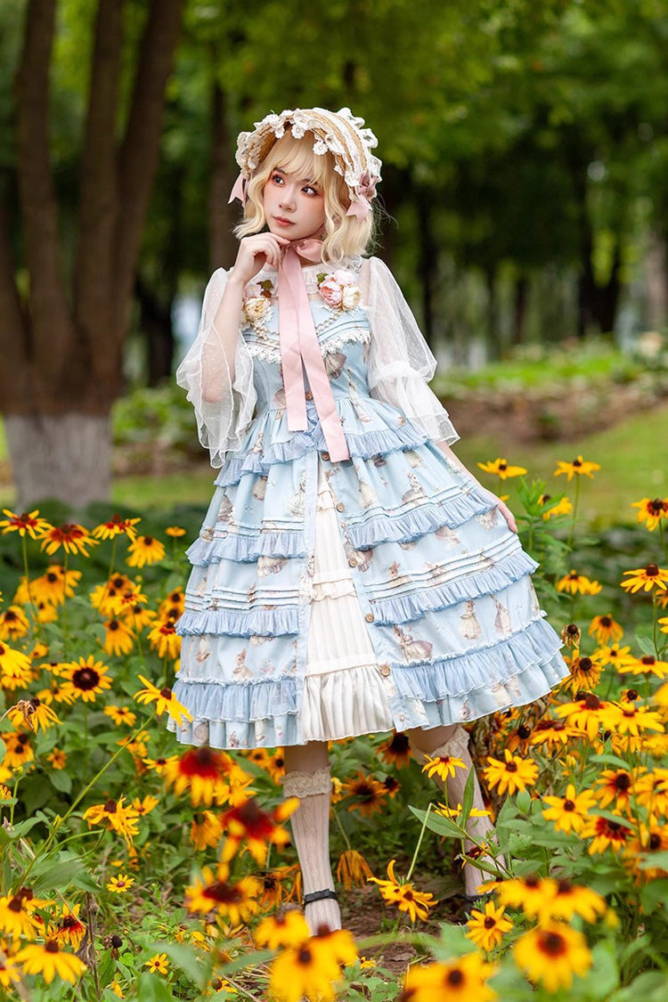 Miss Rabbit Dance Print Multi-layer Ruffle Sweet Elegant Lolita Jsk Dress 4 Colors