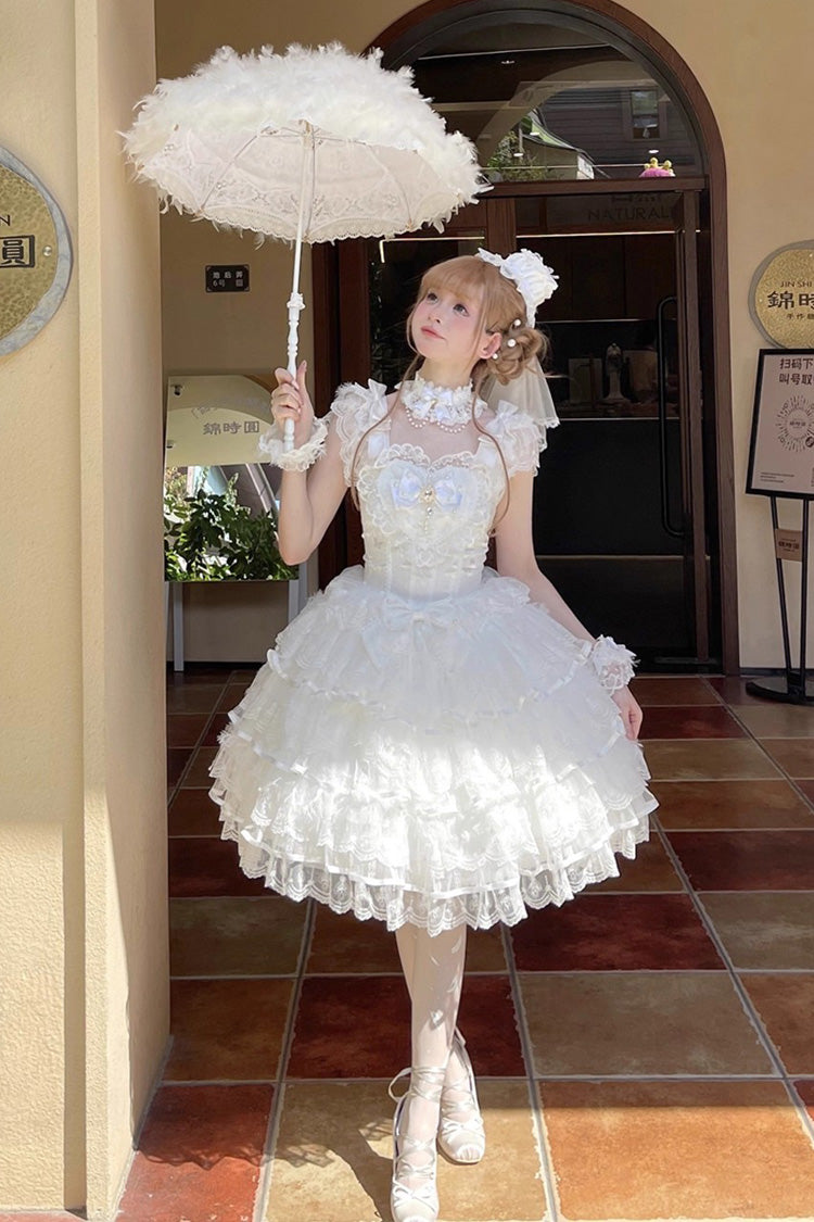 White Ballad of Feathers Sleeveless Multi-Layered Ruffle Hanayome Bowknot Sweet Lolita Jsk Dress