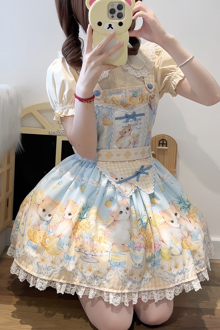 Blue Pineapple Cat Print Sleeveless Bowknot Lace Sweet Lolita Strap Dress