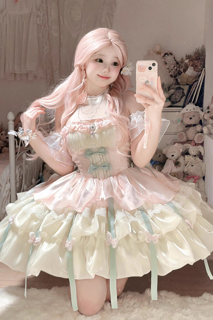 Pink/Green Love God's Promise Sleeveless Multi-layer Ruffle Sweet Elegant Princess Lolita Dress