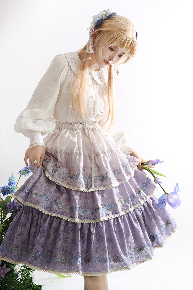 Purple Moonlight Iris Triple-Layered Print Ruffle Embroidery Lace Sweet Lolita Skirt