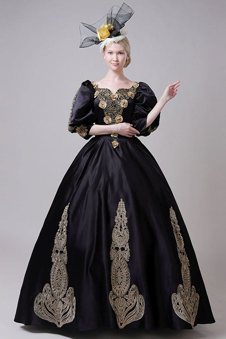 Boat Neck Half Sleeves High Waisted Three Dimensional Golden Floral Hollow Print Victorian Lolita Prom Dress