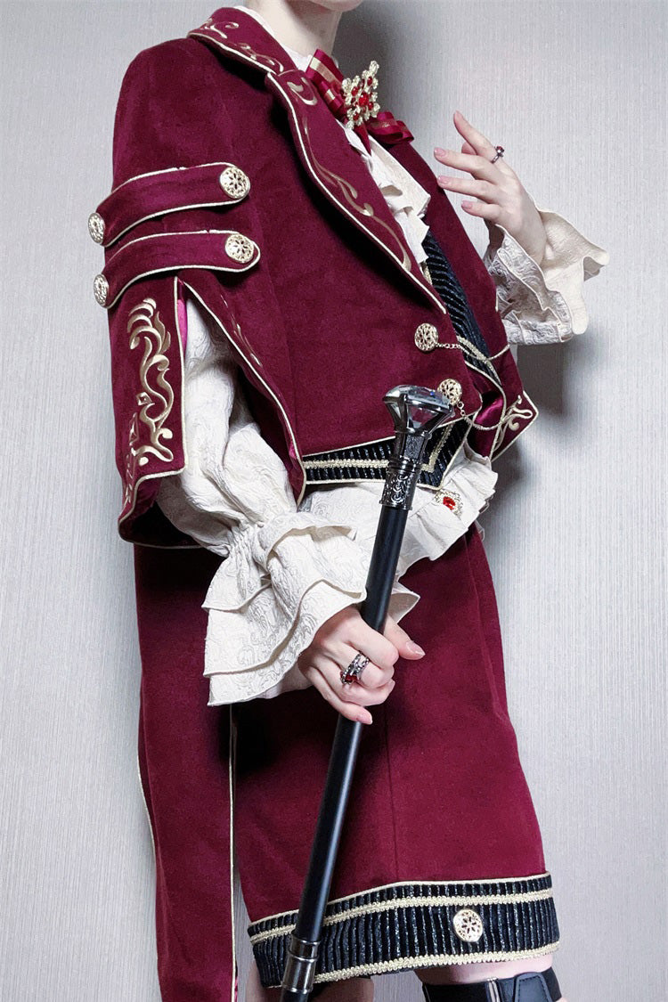 Red Royal Heir Embroidery Classic Military Gorgeous Handsome Ouji Lolita Coat Blouse Shorts Set
