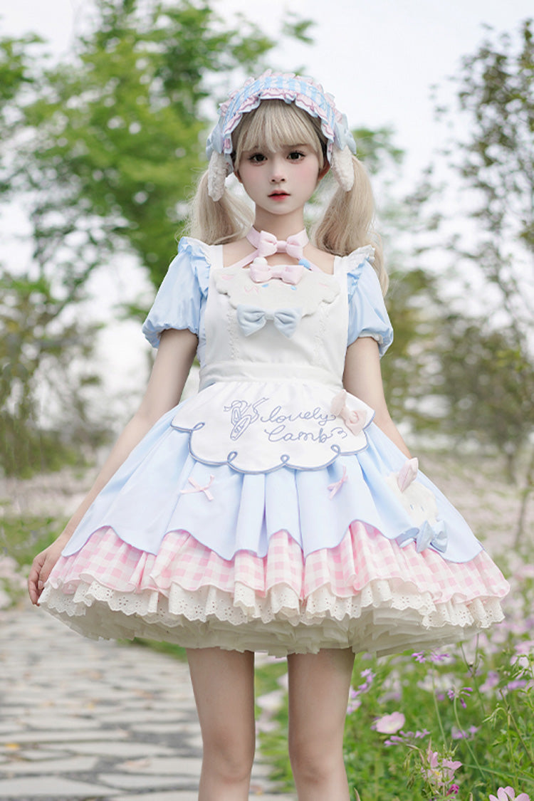 Blue/Pink Lamb Story Short Puff Sleeves Double-Layered Plaid Print Ruffle Bowknot Sweet Lolita Jsk Dress Set