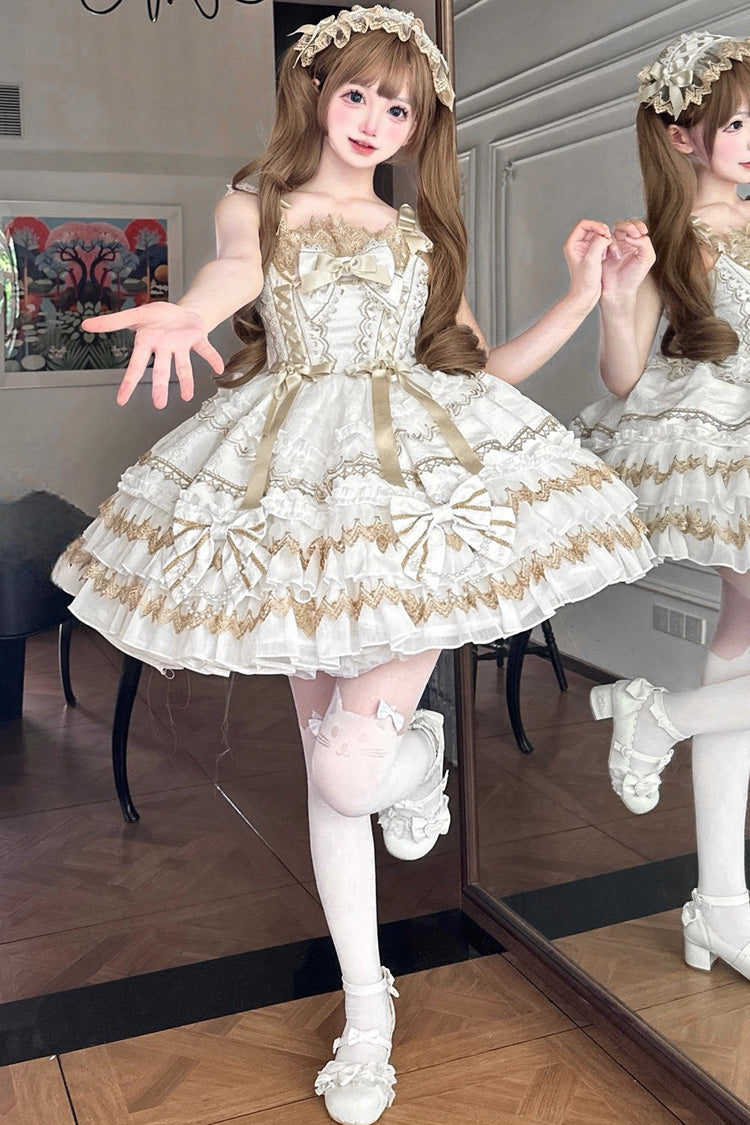 White Gilded Memories Sleeveless Double-Layered Ruffle Hot Stamping Bowknot Lace Sweet Lolita Jsk Dress