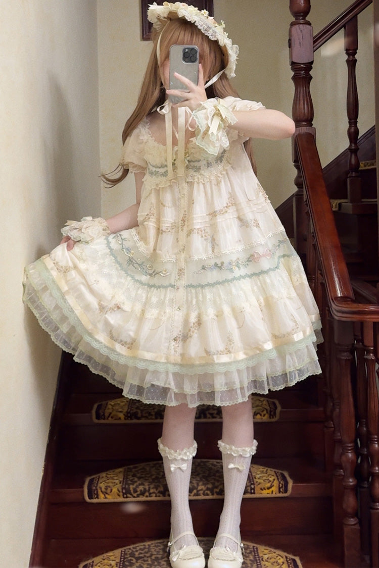 Multi-Color Daisy Poetry Print Ruffle Hollow Embroidery Lace Sweet Elegant Princess Lolita Dress