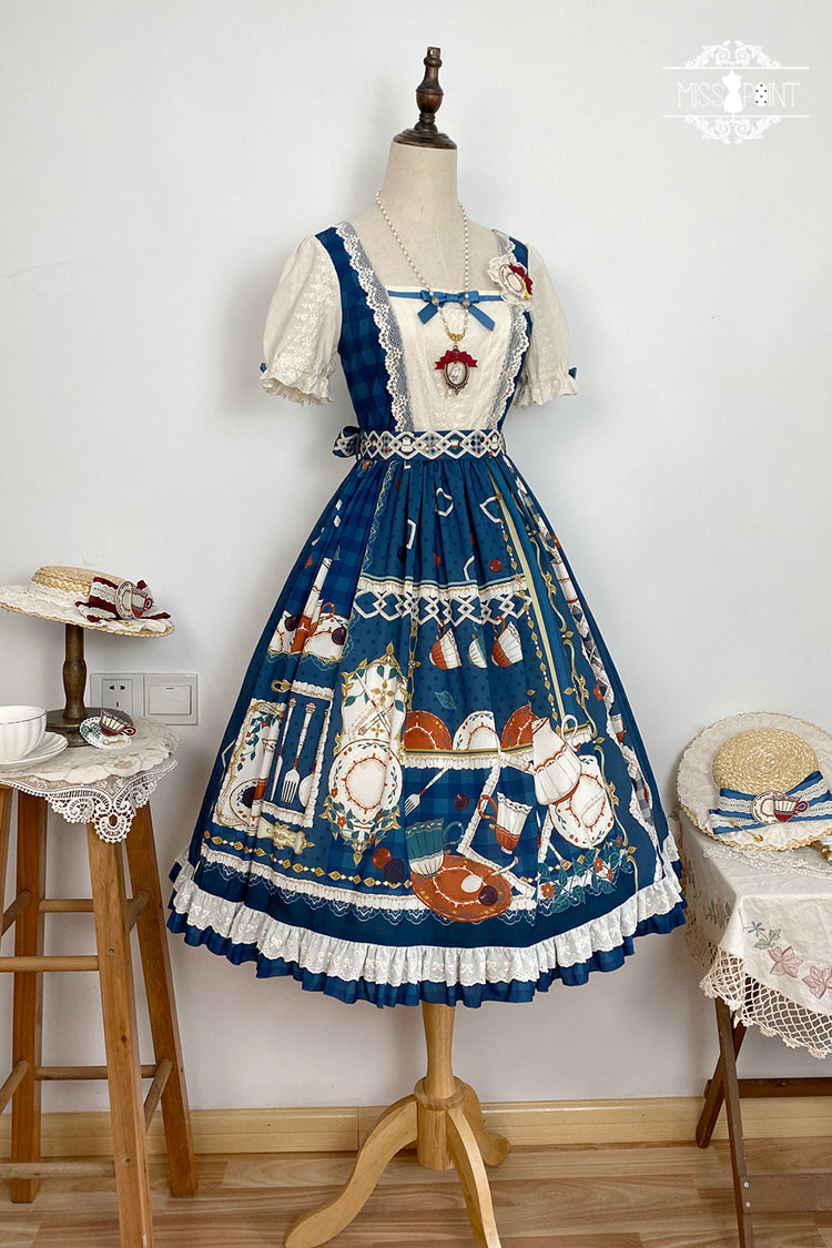 Dark Blue Tea Party Short Sleeves Print Ruffle Bowknot Lace Sweet Elegant Lolita Dress