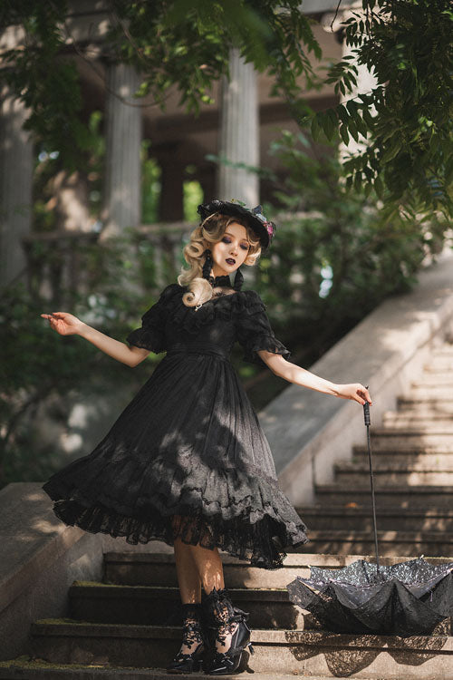 Elegant Vintage Rose Print Multi-Layer Ruffled Sweet Lolita OP Dress
