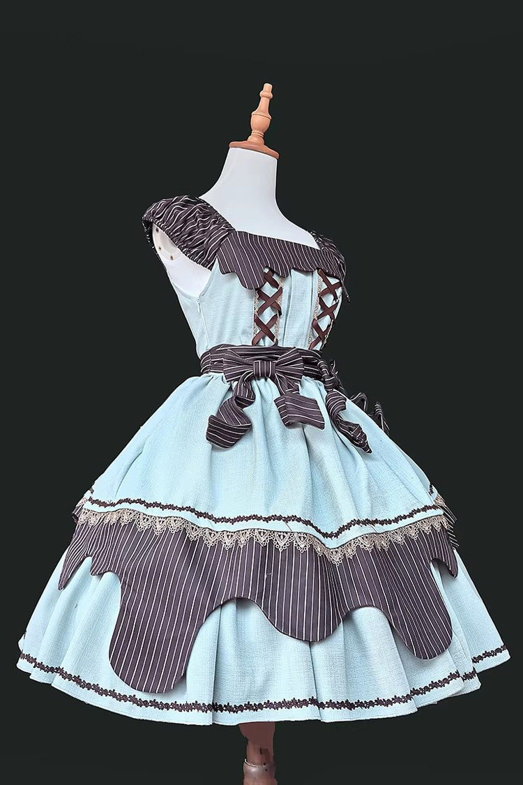 Strawberry and Mint Chocolate Double-Layered Printed Bow Lace-Up Irregular Sweet Lolita Dress 2 Colors