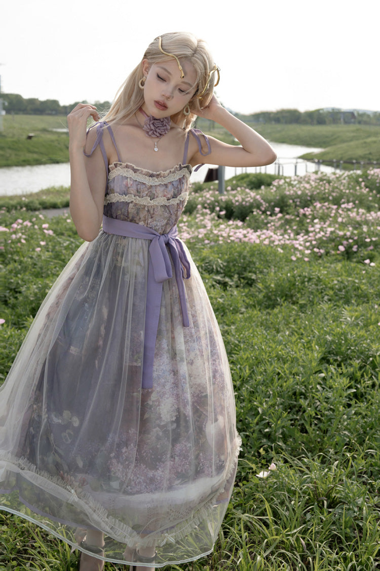 Purple Oil Painting – In the Shade of Blossoming Trees Sleeveless Print Ruffle Bowknot Lace Sweet Lolita Jsk Dress