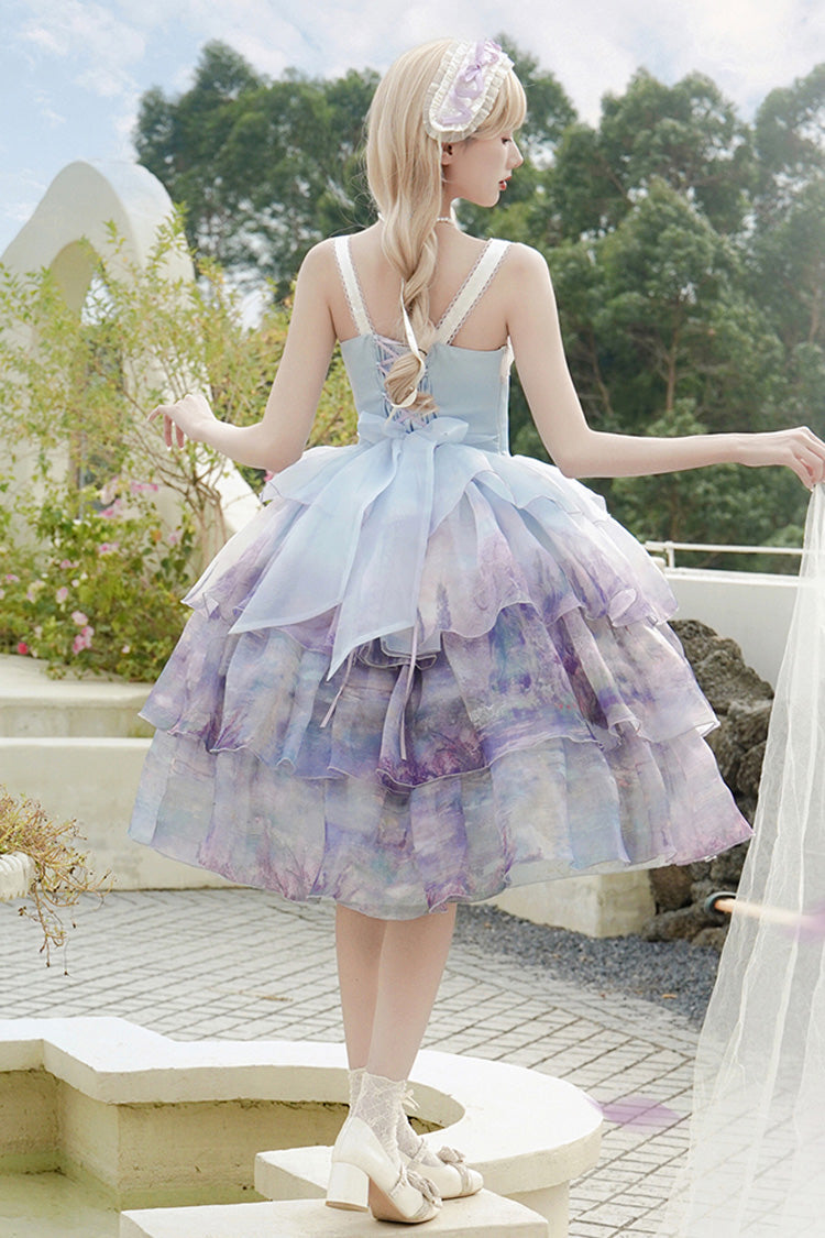 Multi-Color Three-layer Swan Lake Print Oil Painting Ruffle Bowknot Sweet Lolita Jsk Dress