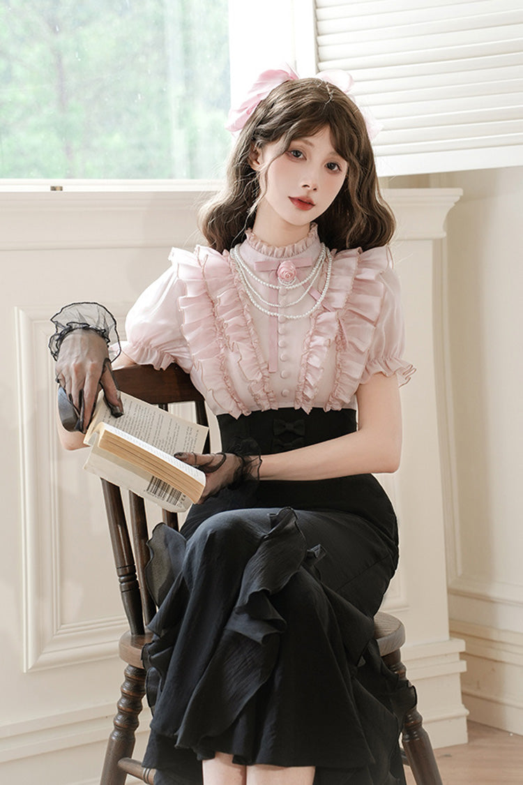 Pink/Black Miss Lola Stand Collar Short Sleeves Multi-Layered Ruffle Bowknot Sweet Lolita Mermaid Dress