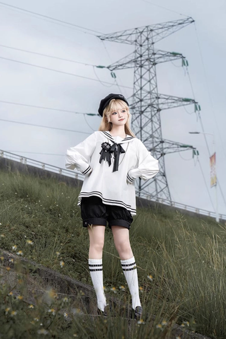 Black/White Old Stories Navy Collar Long Sleeves Bowknot Ouji Gothic Lolita Blouse Shorts Set