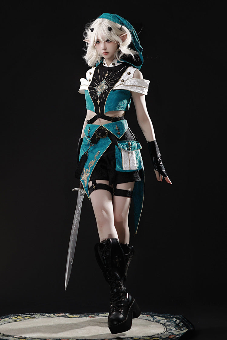 Blue/Green Traveler's Outfit Print Embroidery Hooded Ouji Fashion Sweet Handsome Lolita Set