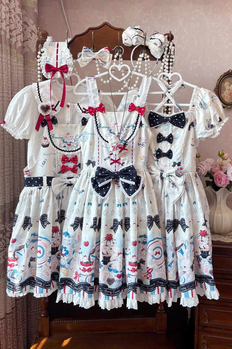 Beige Mystery Rabbit Tea Party Sleeveless Print Ruffle Bowknot Lace Sweet Lolita Jsk Dress