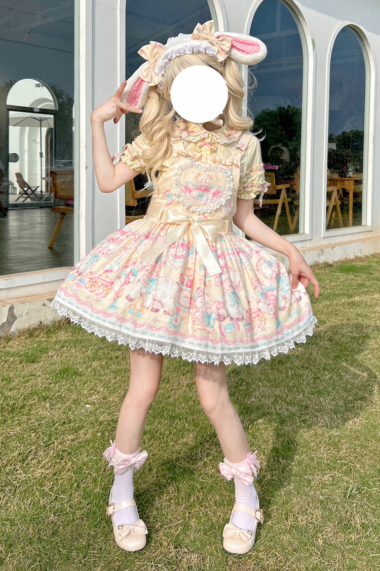 Yellow Sheep's Party Print Bowknot Stitching Lace Sweet Lolita Strap Dress