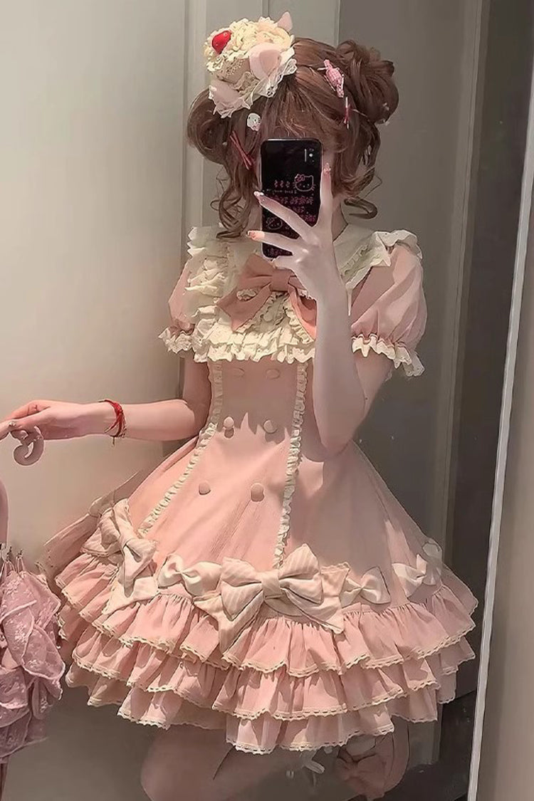 Pink Striped Layered Short Sleeves Multi-Layered Ruffle Bowknot Sweet Princess Lolita Tiered Dress
