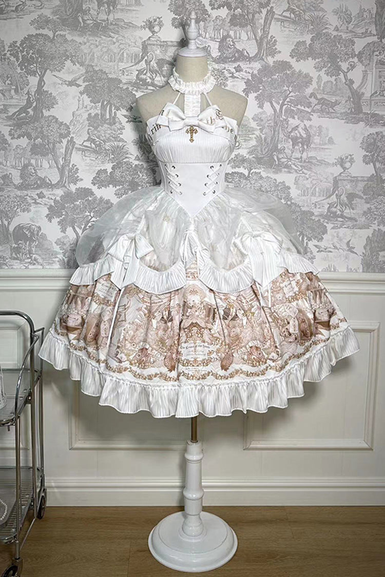 White The Mystery of The Doll Halterneck Print Ruffle Bowknot Drawstring Gothic Lolita Dress