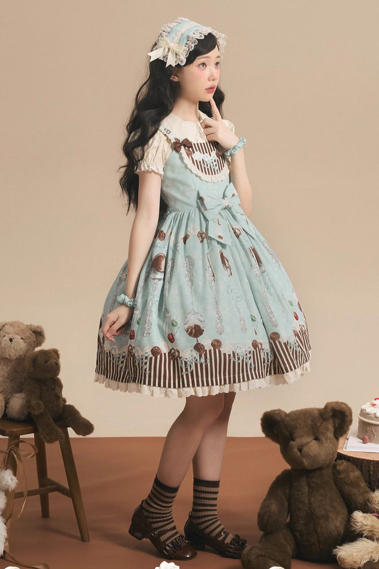 Green Chocolate Cherry Print Bowknot Sweet Lolita Jsk Dress